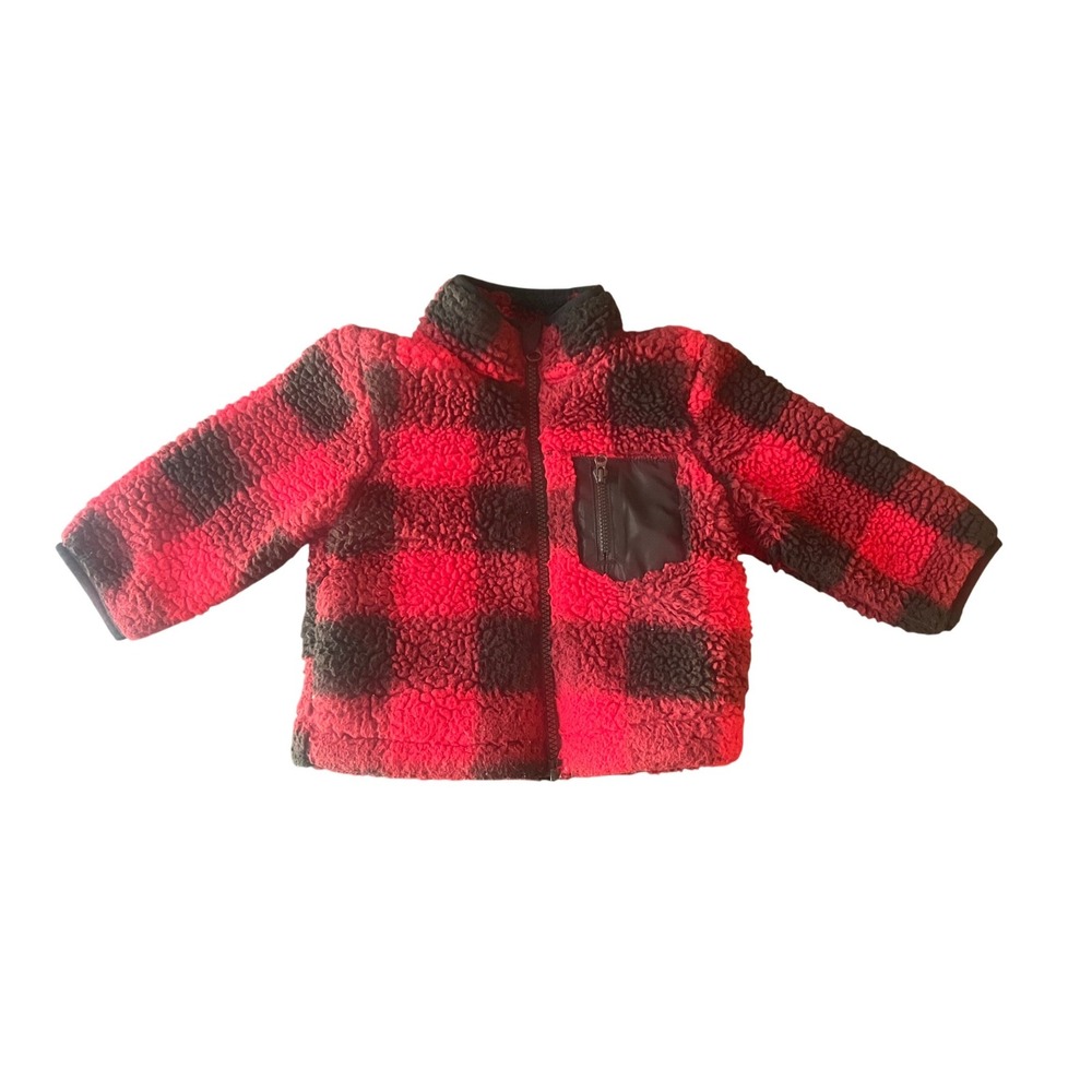 Wonder Nation Red Black Buffalo Plaid Sherpa Fleece Jacket 12M (1083)